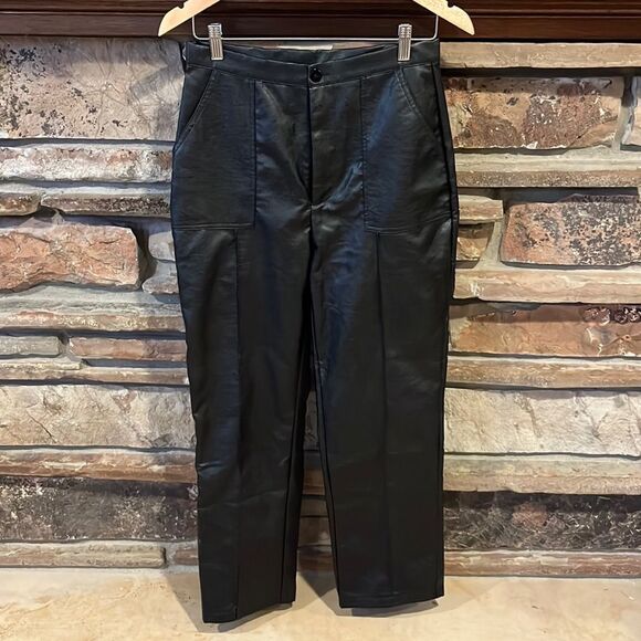 Princess Polly Black Faux Leather Patch Pocket Straight Leg Pants - Picture 1 of 9